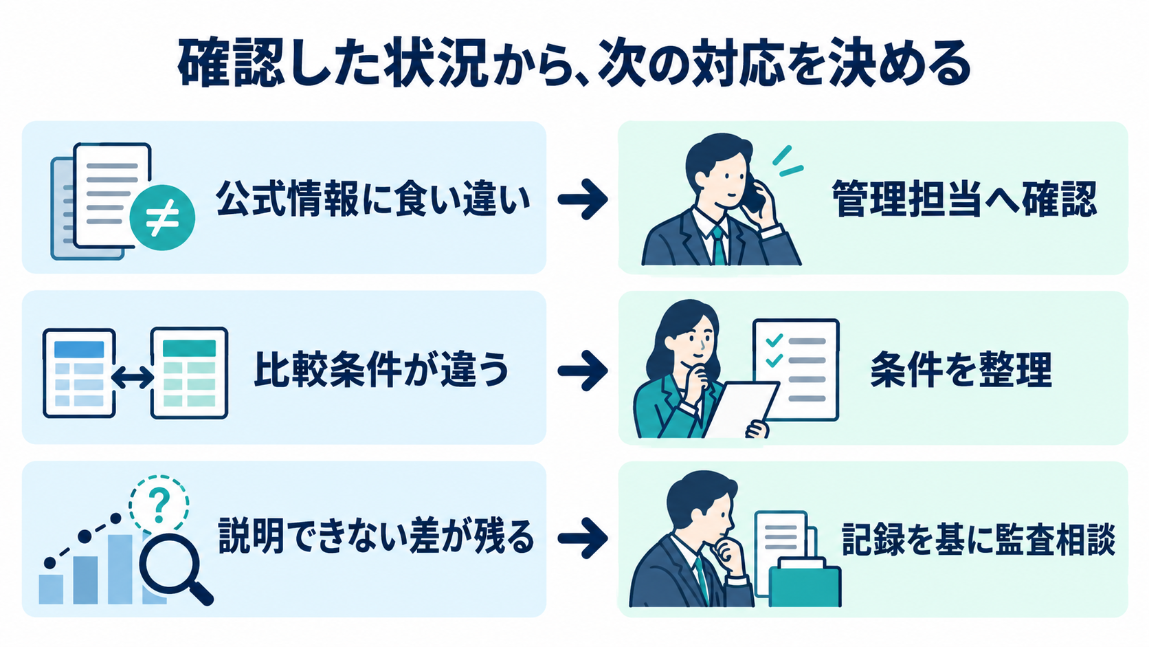 公式情報の確認、比較条件の整理、記録を基にした監査相談という三つの対応を示す図
